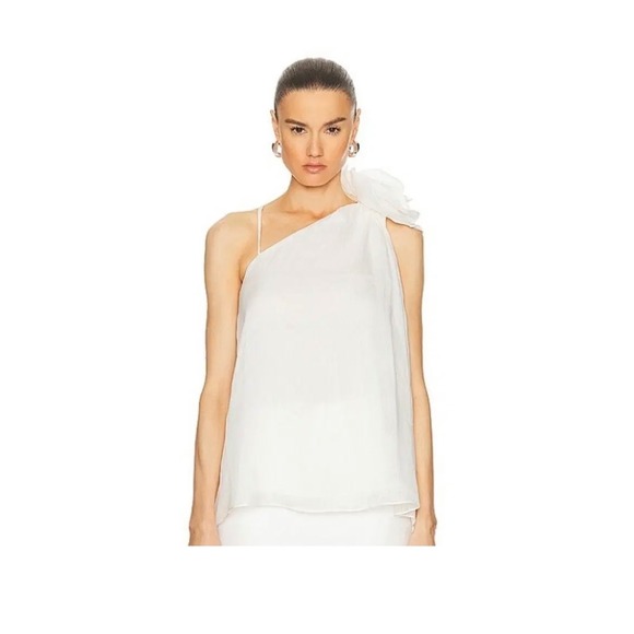 Aje Tops - Aje Quintessa Silk Linen One Shoulder Floral Applique Top Ivory White Size 6